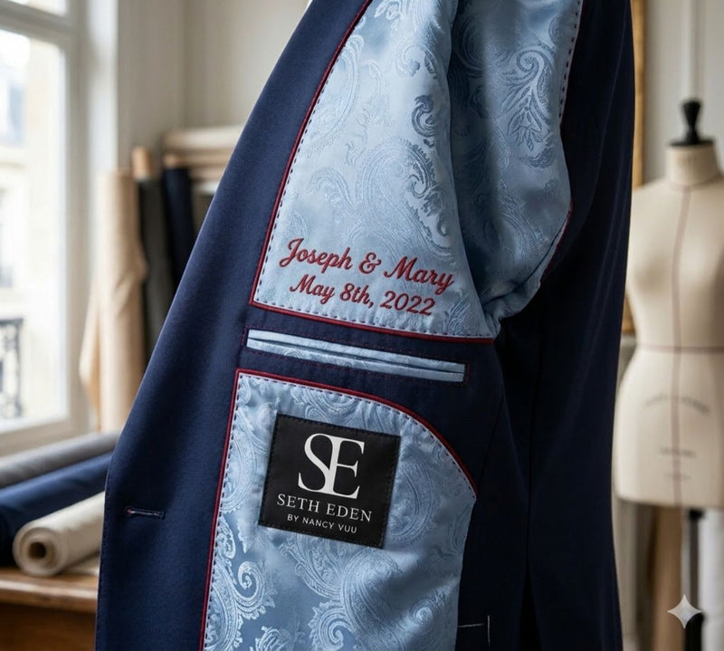 Bespoke wedding suit San Jose: Custom monogrammed lining by Seth Eden master tailors serving Atherton and Palo Alto.
