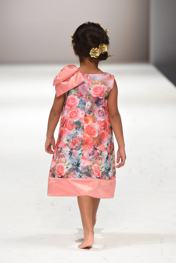 Royal Pink - Big shoulder bow floral dress
