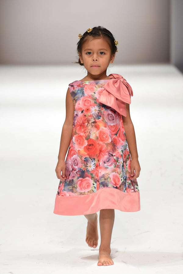Royal Pink - Big shoulder bow floral dress
